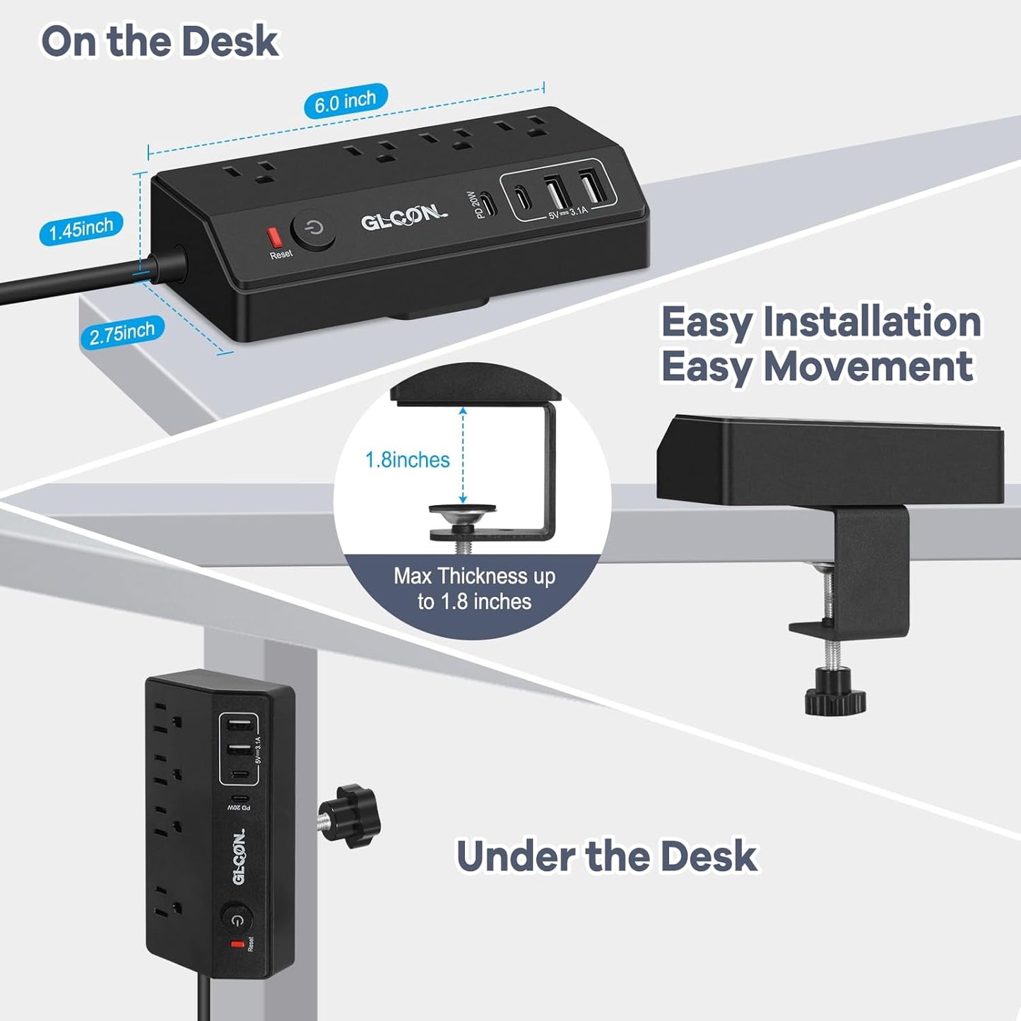 Desk Clamp Power Strip USB C - Charging Station for Multiple Devices - Multi Plug Outlet Extender - Desktop Mount Surge Protector with 4 Outlets 4 USB Ports for Phone, Tablet, Computer