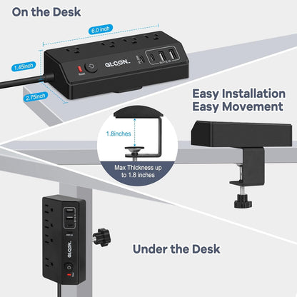 Desk Clamp Power Strip USB C - Charging Station for Multiple Devices - Multi Plug Outlet Extender - Desktop Mount Surge Protector with 4 Outlets 4 USB Ports for Phone, Tablet, Computer