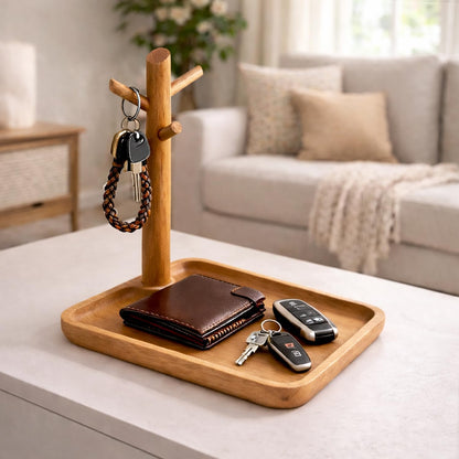 Acacia Wood Key Tray for Entryway Table, Wooden Catchall Organizer with Jewelry Storage Rack, Valet Tray for Keys Wallet Watches Sunglasses Rings(Rectangle)
