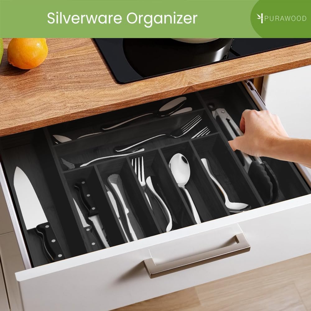 Purawood Kitchen Drawer Organizer - Expandable Utensil Drawer Organizer for Kitchen, Cutlery Tray & Silverware Organizer, 3-5 Slots - Bamboo Organizer for Utensils & Flatware (Natural)