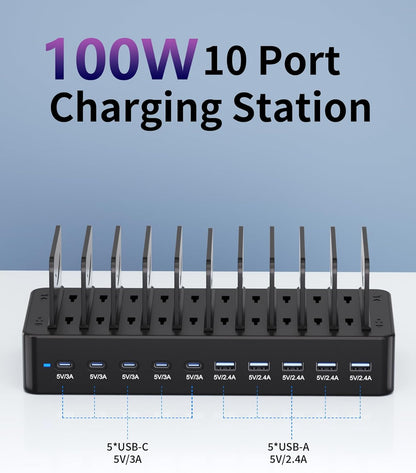 100W Charging Station for Multiple Devices, 10-Port USB Fast Charging Station with Adjustable Dividers & 10 Cables- Multi Device Organizer Charging Dock for iPhone, iPad, Tablets & More(White)