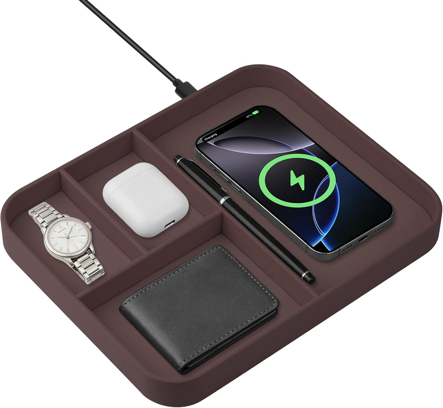 VOVIPO Birthday Gifts Bedside Organiser-Faux Leather Valet Tray With Wireless Charger For Phone And Earbuds,Nightstand Organizer,Mens Jewelry Box,Office Desk Organizers
