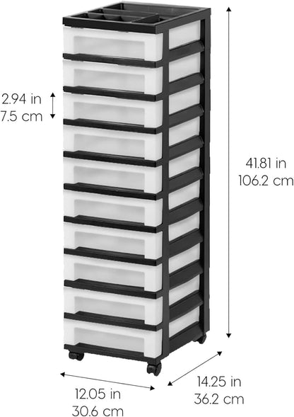 IRIS USA Plastic Drawer Storage Organizer Rolling Cart, with Wheels Casters, 4-Drawers, for Classroom Art Craft Supplies Dresser Closet Bathroom Laundry Room, Black/Pearl