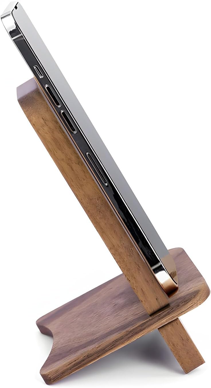 LUCKY BEAN Wood Phone Stand, Desktop Wooden Phone Holder, Portable Phone Stand for Desk, Compatible with iPhone & All Cell Phones (Walnut Wood)