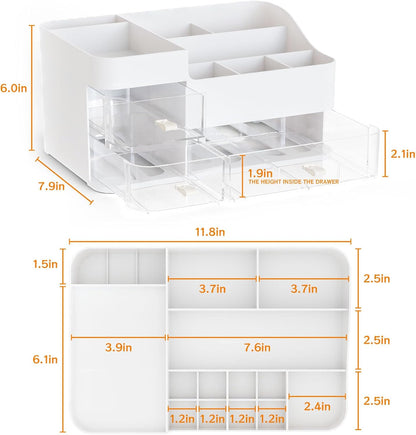 SuoXing White Make up Organizers for Vanity,Large Plastic Bathroom Counter Organizer With Drawers,Skincare Organizers and Cosmetic Storage for Dresser Top Skin Care,Beauty Products and Brush Holder