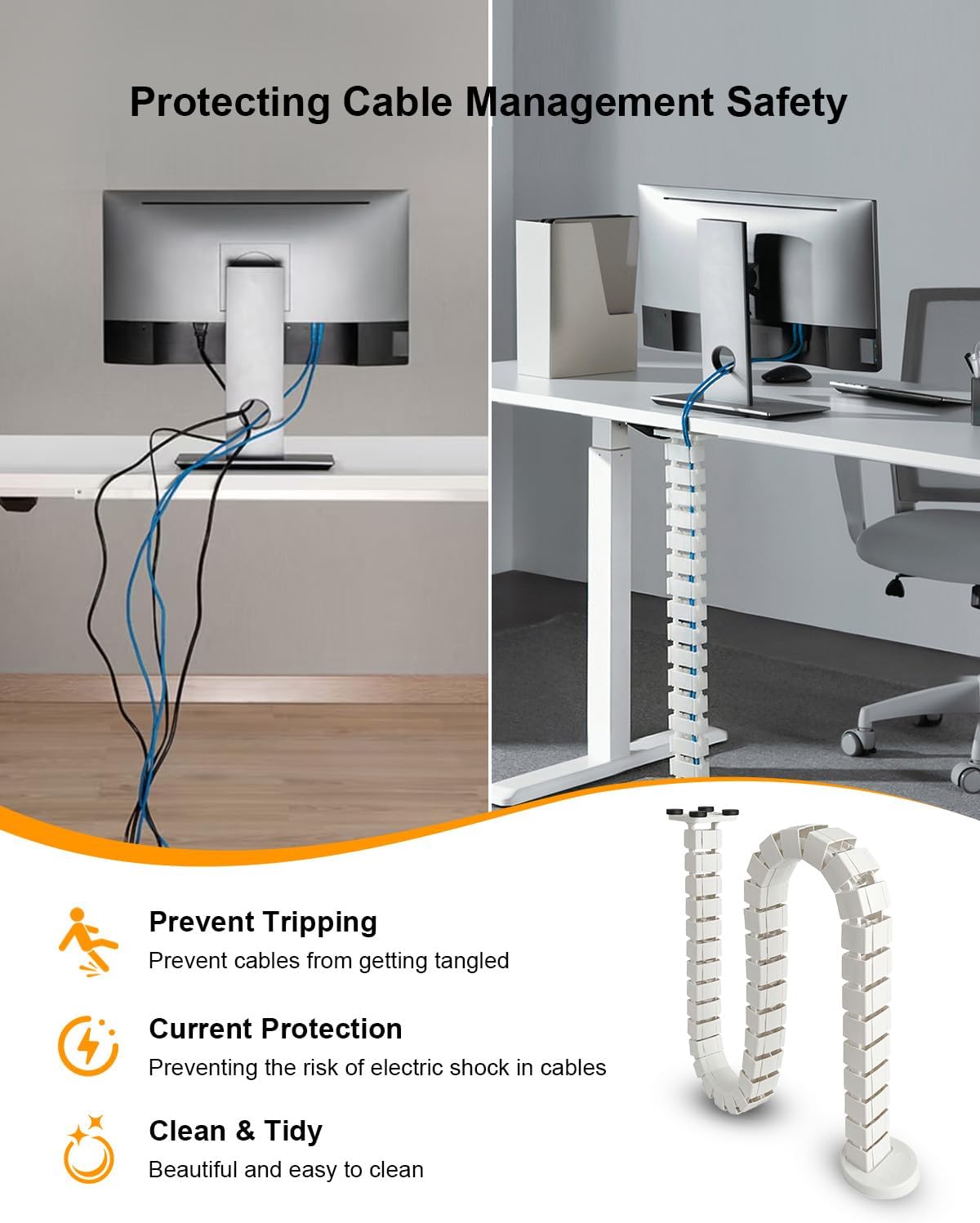Under Desk Cable Management Vertebrae Fit for Sit Stand Desk Management, Magnetic Fixation Adjustable Length Cable Management Spinal, Flexible Chain Raceway Black