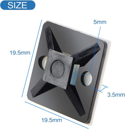 XHF 100 PCS 3/4" Black Self Adhesive Cable Zip Tie Mounts Wire Cable Clips Holders Management Anchors Organizer Holders Squares(HS-101S)