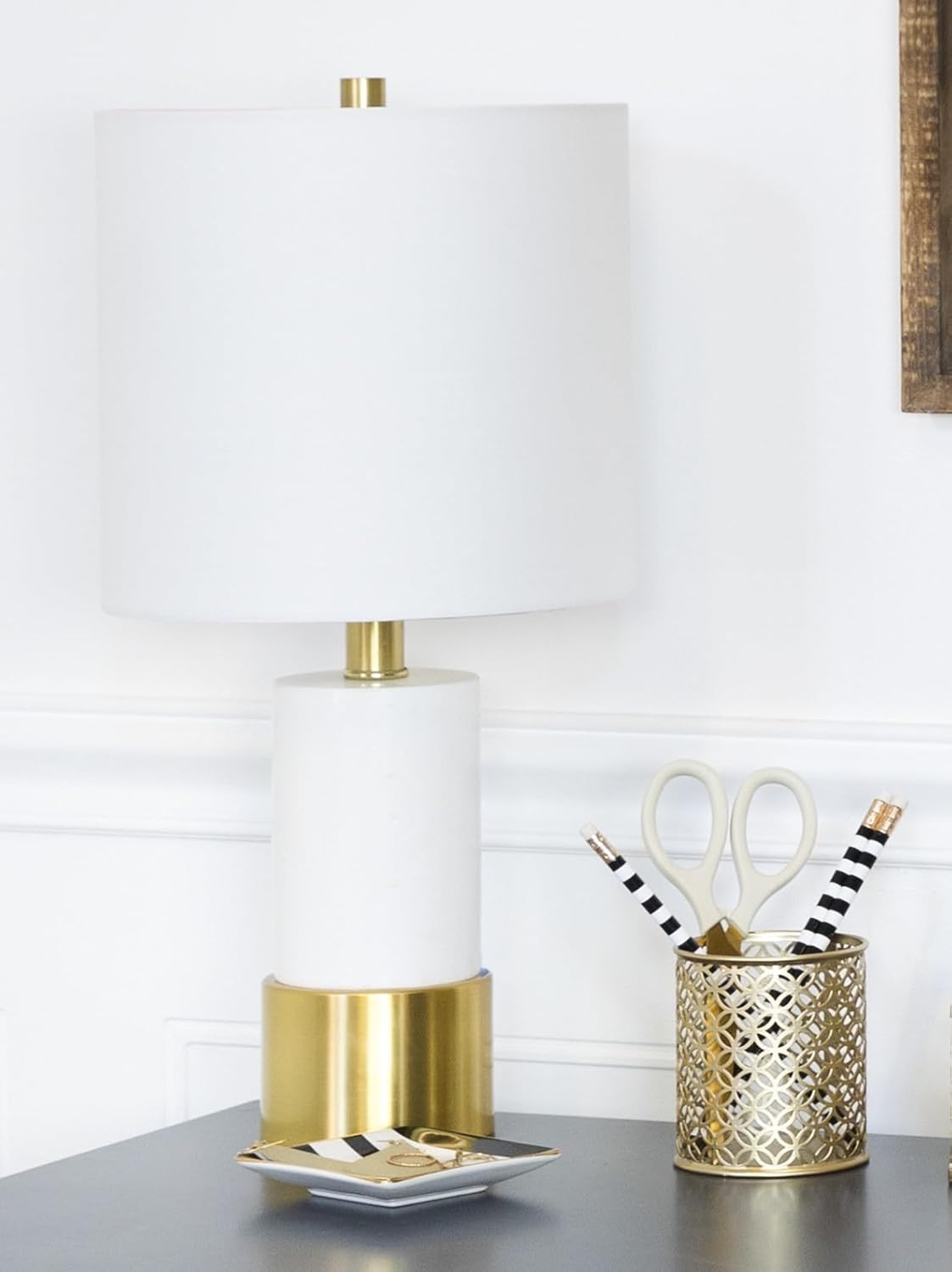 BLU MONACO Gold Pen Holder for Desk - Gold Pen & Pencil Cup - Brush Holder with Metal Circular Design