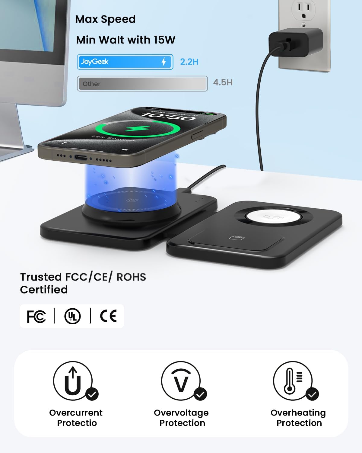 Charging Station for iPhone and Apple Watch: 3 in 1 Wireless Phone Charger Stand for iPhone 17 16 15 14 13 12 11 Pro Max & AirPods, Bedside Nightstand Docking