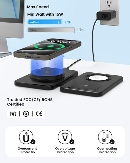 Charging Station for iPhone and Apple Watch: 3 in 1 Wireless Phone Charger Stand for iPhone 17 16 15 14 13 12 11 Pro Max & AirPods, Bedside Nightstand Docking