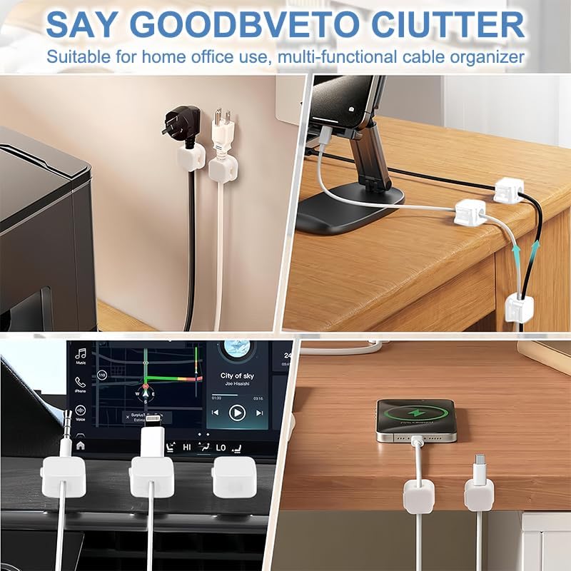 6 Pack Magnetic Cable Clips, Adhesive Cable Management, Adjustable Cord Organizer, Phone Charger Wire Holder for Home Office Kitchen Desk Car Wall Desktop Nightstand, White