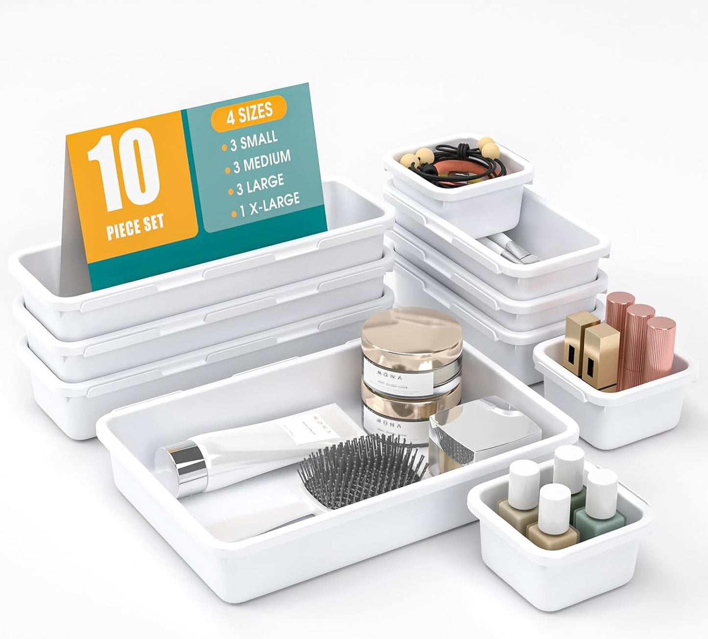StoreHappily 10 PCS Drawer Organizer Set, 4 Size Makeup Drawer Divider Organizer With Non-Slip Pads, Interlocking Plastic Storage Bins for Office,Jewelry Vanity,Gadgets, Bathroom,Kitchen, Black