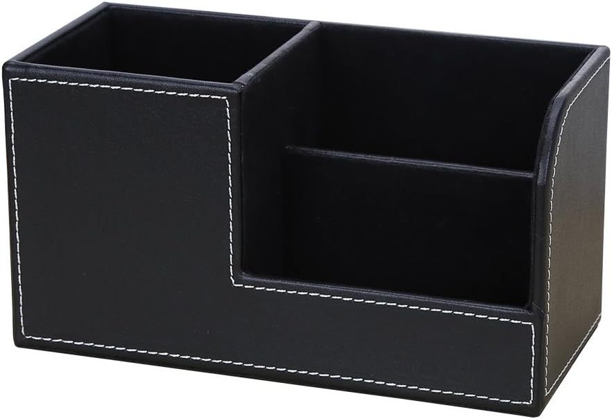 KINGFOM Desk Organizer Office Supplies Caddy Pu Leather Multi-function Storage Box Pen/Pencil,Cell phone, Business Name Cards Remote Control Holder with Small Drawer Black