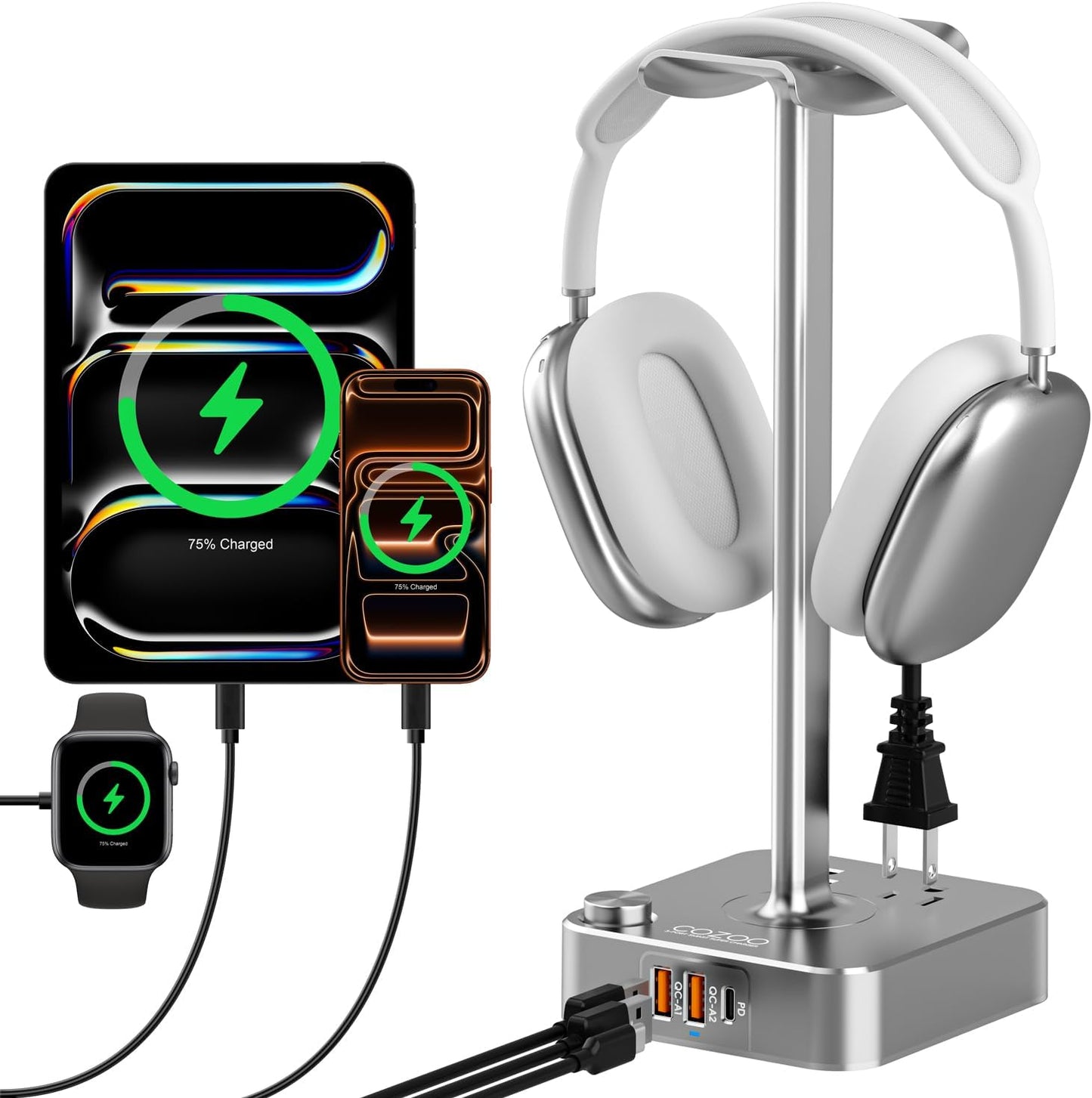 COZOO Headphone Stand with USB Charger Desktop Gaming Headset Holder Hanger with 3 USB Charging Station and 2 Outlets Power Strip,Suitable for Gaming, DJ,Wireless Earphone Display, Gamer Gifts for Men
