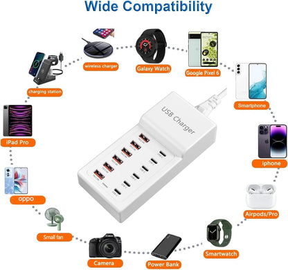USB Charging Station 50w10A 12 Ports Multiple Charging Block, USB C Strip for iPhone 13/14/15/16/17/Smartphone/Tablet/Watch/Headphones and Multiple Charger Plug