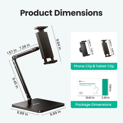 Ergonomic Phone iPad Stand for Desk - Ultra Sturdy Base, Adjustable & Foldable Mobile Holder with 2 Extendable Clamps, Work from Home Essentials Compatible with iPhone/iPad (1 Pack)