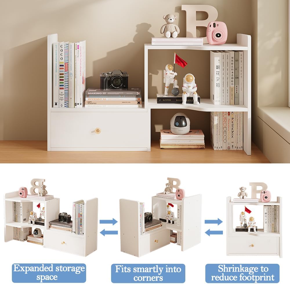 Expandable Wood Desktop Bookshelf, Freestyle Adjustable Wood Display Desk Shelf Counter Storage Rack Top Bookcase for Office & Home (White)