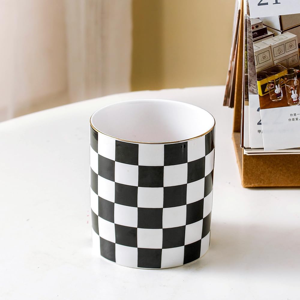 Ceramic Checkered Pen Holder For Desk Cute Stand Gold Line Pencil Cup Pot Desk Organizer, Office Desktop Decor, Makeup Brush Holder for Girls,Women (Black-white)