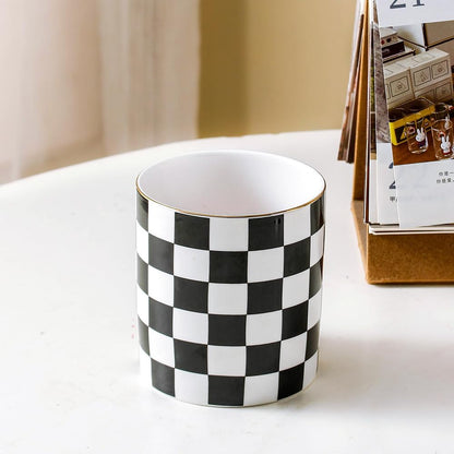 Ceramic Checkered Pen Holder For Desk Cute Stand Gold Line Pencil Cup Pot Desk Organizer, Office Desktop Decor, Makeup Brush Holder for Girls,Women (Black-white)