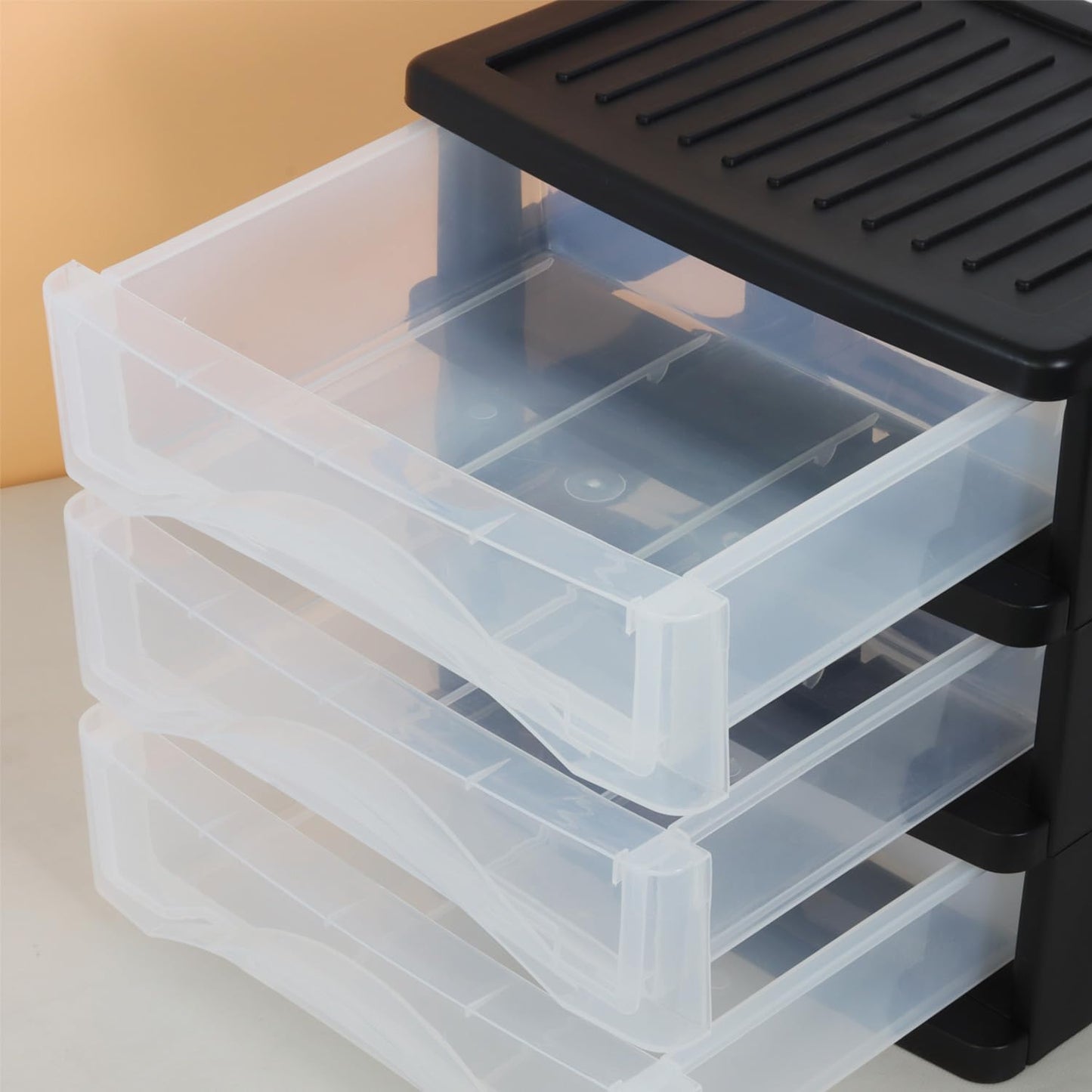 BYCY Medium 3 Drawer Plastic Clear Stacking Desktop Organizer for Office Supplies, Stackable Storage Drawers Storage Bins For Kitchen Cabinets, Pantry, Home Organization (Black, Medium 3Drawer)