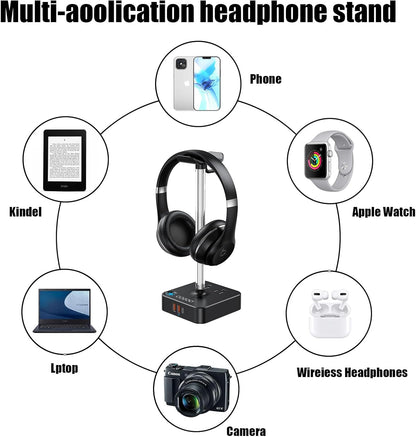 COZOO Headphone Stand with USB Charger Desktop Gaming Headset Holder Hanger with 3 USB Charging Station and 2 Outlets Power Strip,Suitable for Gaming, DJ,Wireless Earphone Display, Gamer Gifts for Men