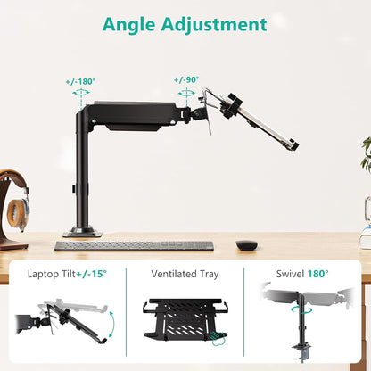 WALI Laptop Desk Mount for 17 inch Notebook, Adjustable Single Monitor Arm with Laptop Holder for 32 inch Screen, Laptops Stand with Ventilated Tray, Up to 22 lbs, (M00LP), Black