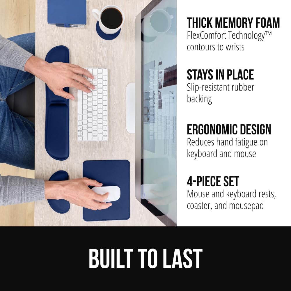 GORILLA GRIP Silky Memory Foam Wrist Rest for Computer Keyboard, Mouse, Ergonomic Design for Typing Pain Relief, Desk Pads Support Hand and Arm, Mousepad Rests, Stain Resistant, 2 Piece Pad, Black