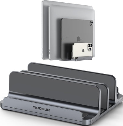 YICOSUN Aluminum Vertical Laptop Stand for Desk - Adjustable Width Dock for MacBook, Surface, Samsung, HP, Dell up to 17.3 inches - Space-Saving & Protective Design - Gray