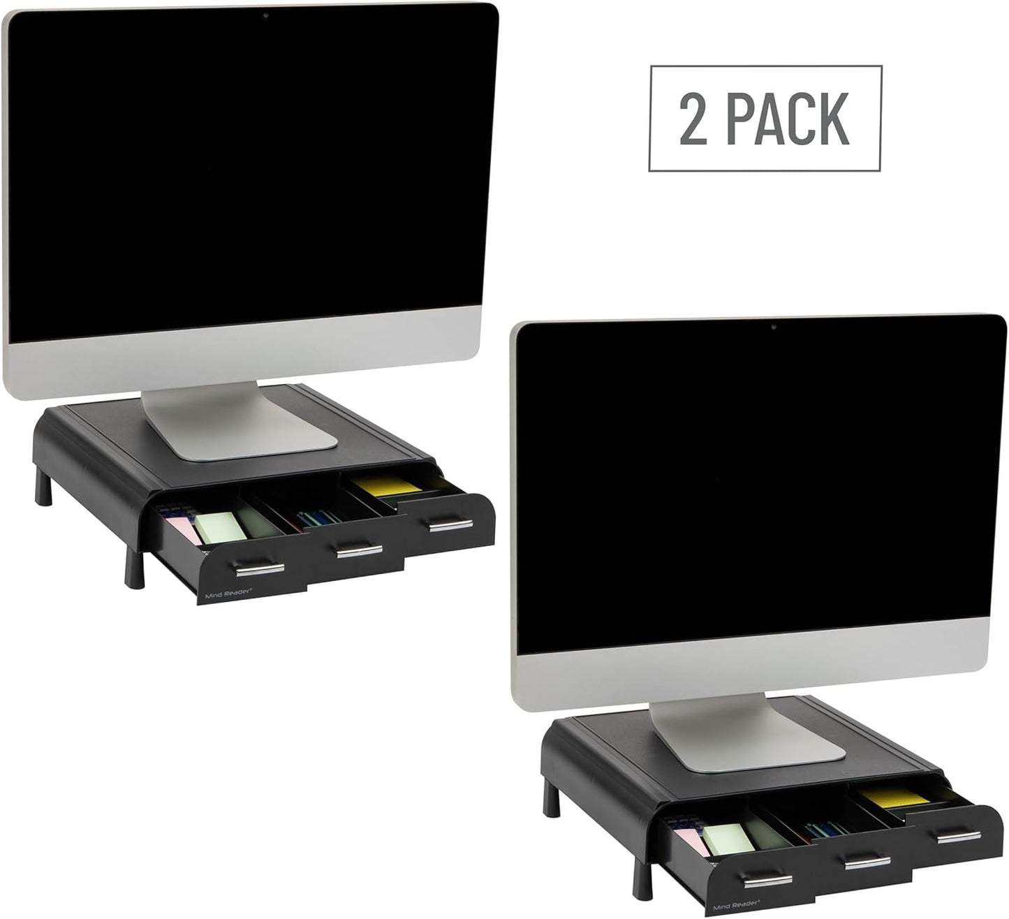 Mind Reader Monitor Stand, Laptop Riser, Desktop Organizer, Storage Drawer, Office, Plastic, 13.5"L x 13"W x 4"H, Black