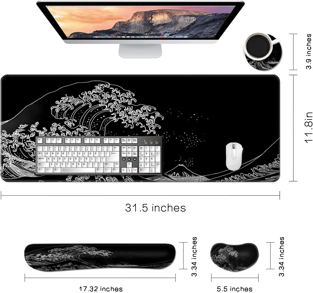 MIBITRI Keyboard Mouse Pad Set, Extended Gaming Mouse Pad+Ergonomics Keyboard Wrist Rest Support, Memory Foam, Easy Typing Pain Relief, 4Pcs XXL Ultra Thick Desk Mat, Enchanted Bookshelf