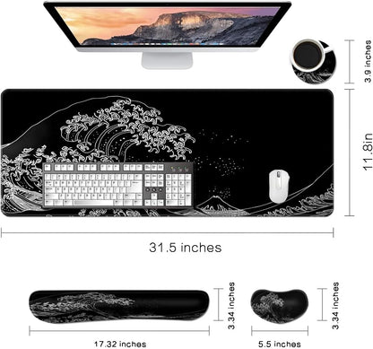 MIBITRI Keyboard Mouse Pad Set, Extended Gaming Mouse Pad+Ergonomics Keyboard Wrist Rest Support, Memory Foam, Easy Typing Pain Relief, 4Pcs XXL Ultra Thick Desk Mat, Enchanted Bookshelf