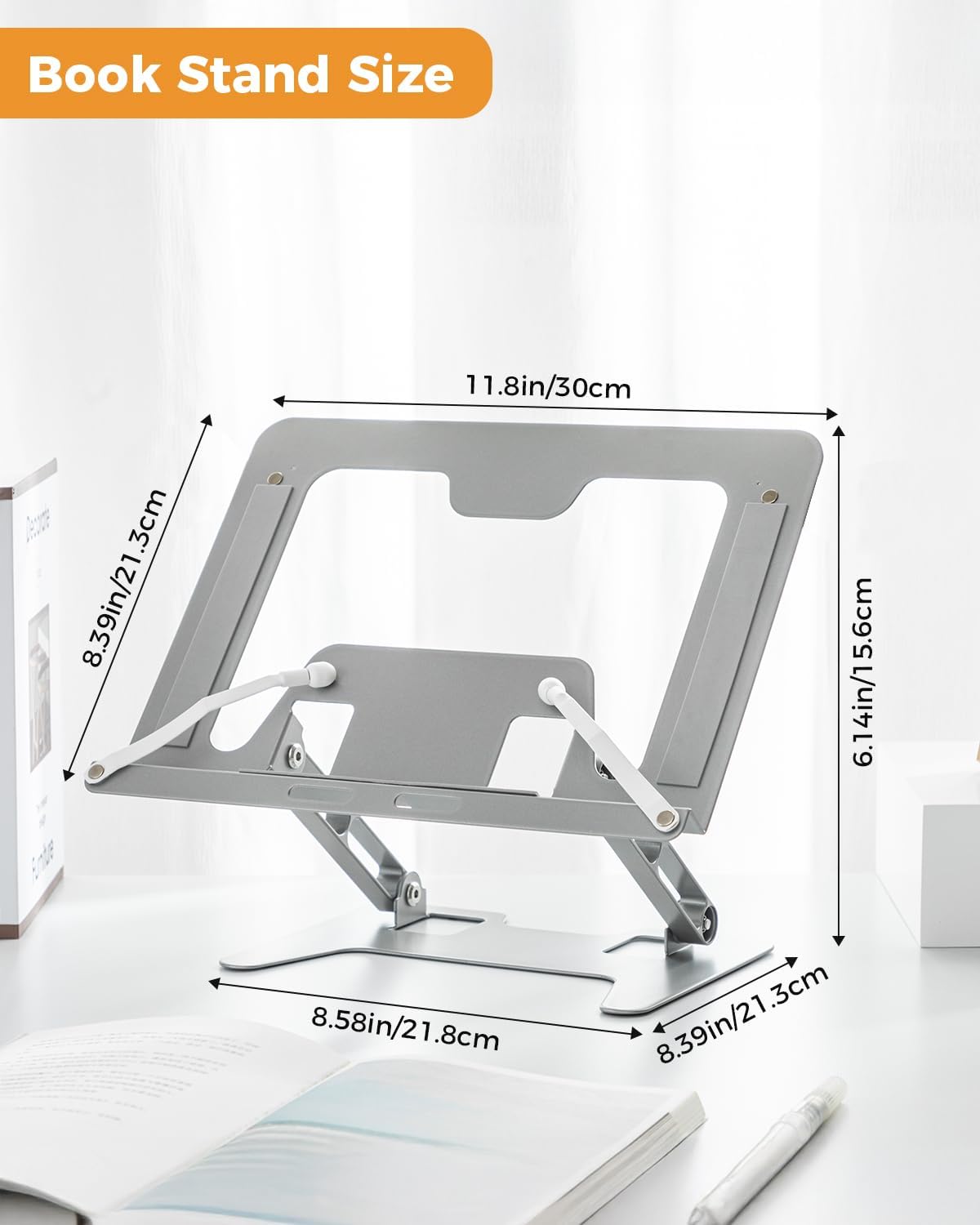 Honagu Adjustable Laptop Stand for Desk, Metal Foldable Laptop Riser, Portable Desktop Book Stand Holder, Ergonominc Computer Notebook Stand Compatible with 10-15.6” Laptops (Silver)