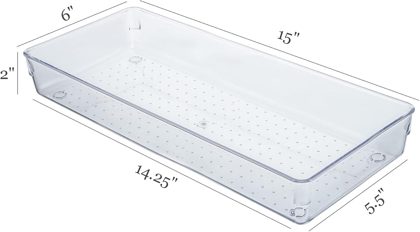Kingrol 4-Pack Clear Drawer Organizer Bins, 15 x 6 x 2 Inch Desk & Kitchen Drawer Dividers for Utensils, Makeup, Jewelry, Office, Craft Supplies - Durable & Non-Slip Storage Containers