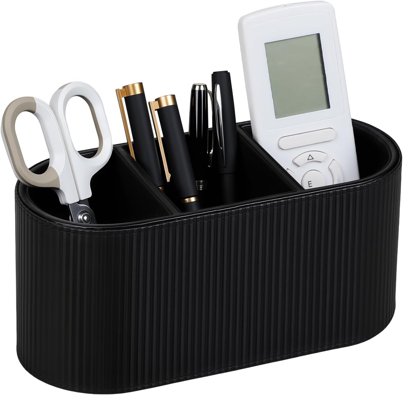 Aesthetic Remote Control Holder, PU Leather Pen Holder for Desk with 3 Compartments for Home Office Supplies and Accessories, Stylish Bedside Remote Holder Nightstand Desktop Organizer (Beige)