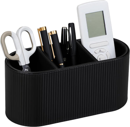 Aesthetic Remote Control Holder, PU Leather Pen Holder for Desk with 3 Compartments for Home Office Supplies and Accessories, Stylish Bedside Remote Holder Nightstand Desktop Organizer (Beige)