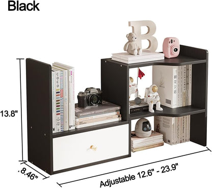 Expandable Wood Desktop Bookshelf, Freestyle Adjustable Wood Display Desk Shelf Counter Storage Rack Top Bookcase for Office & Home (White)