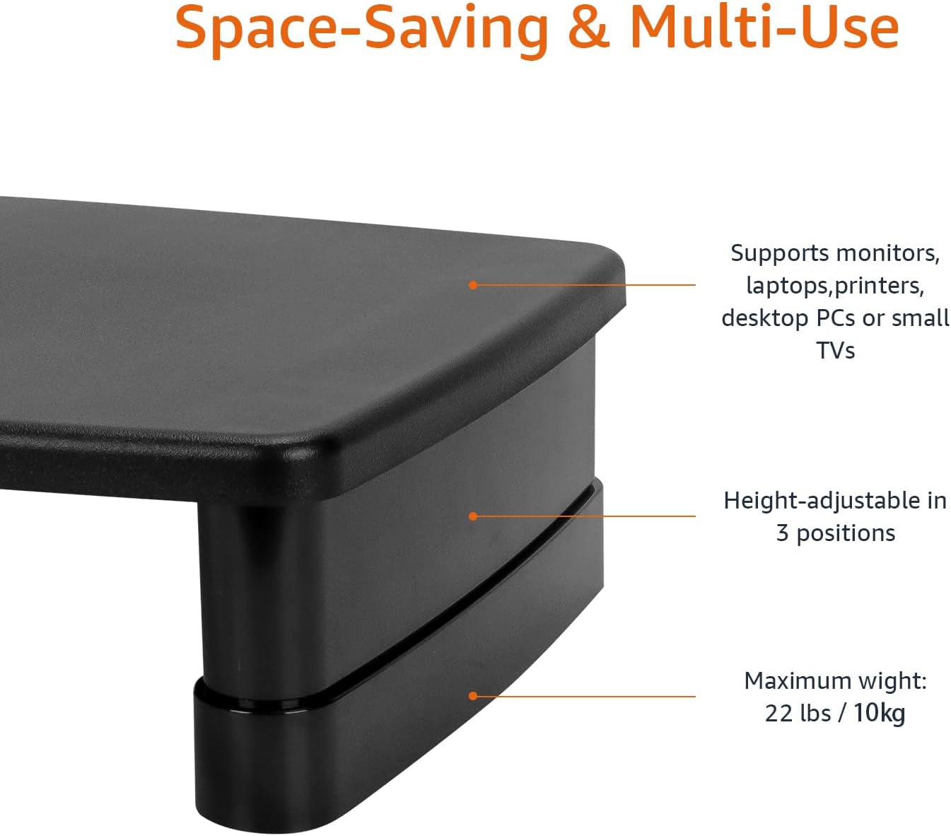 Amazon Basics Height Adjustable Monitor Stand Riser with Storage Organizer, Multifunctional Desk Accessories for Reduced Neck Strain - Fits Monitors, Laptops Up to 22lbs, Black