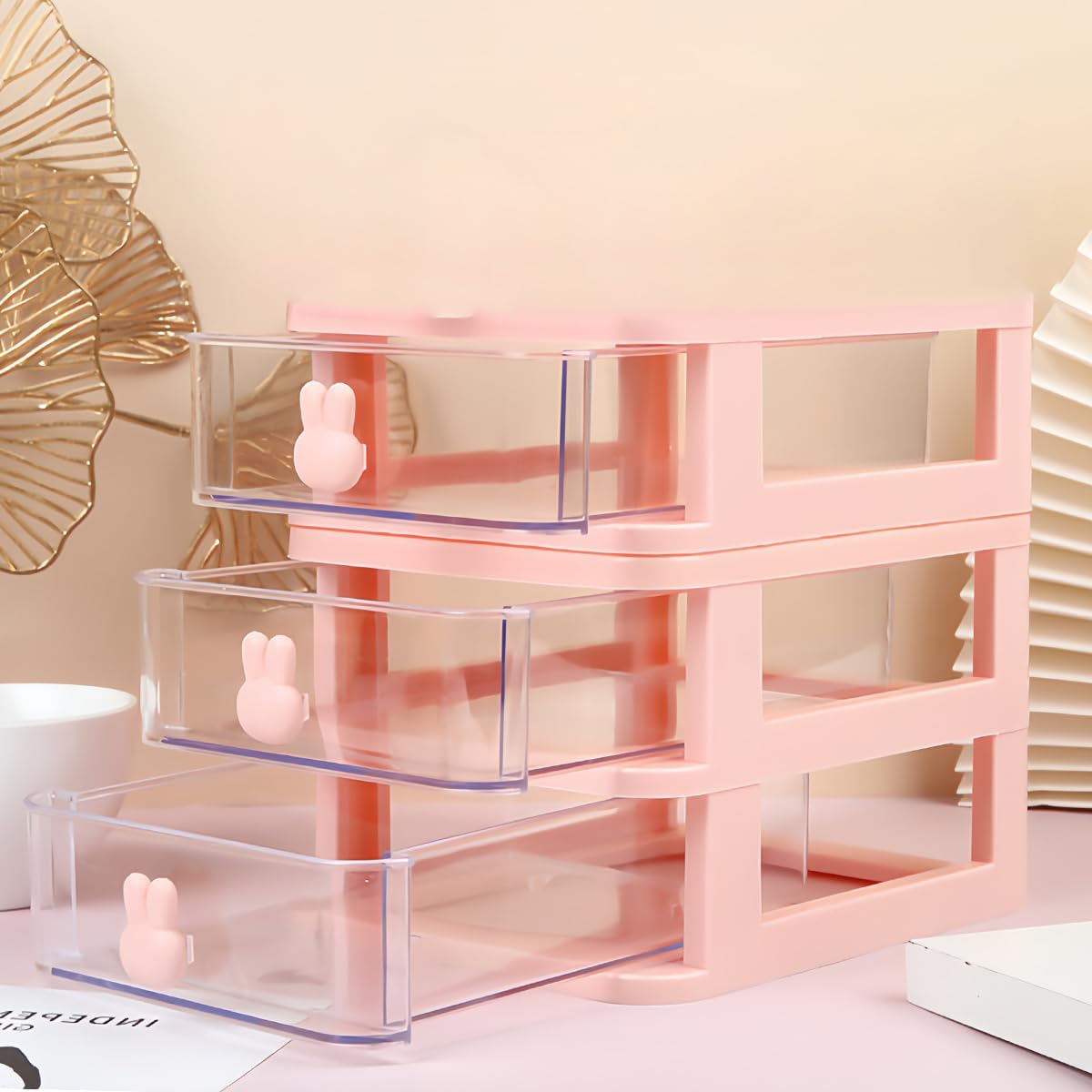 3 Layer Plastic Storage Drawer Bunny Transparent Cosmetic Organizer Rabbit Makeup Organizer Storage Container for Office School Home（White）