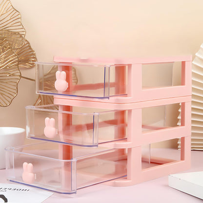 3 Layer Plastic Storage Drawer Bunny Transparent Cosmetic Organizer Rabbit Makeup Organizer Storage Container for Office School Home（White）