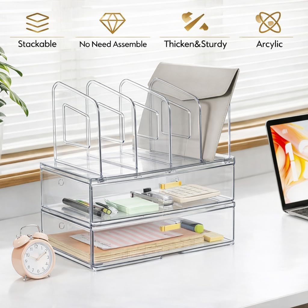 LALOBLUE Acrylic Desk Organizer with Drawer and Vertical File Holder, Desk Organizers and Accessories, Multi-Functional Office Supplies Organizer for Home or Work Desk, White