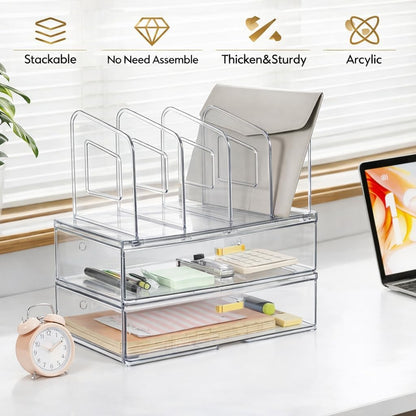 LALOBLUE Acrylic Desk Organizer with Drawer and Vertical File Holder, Desk Organizers and Accessories, Multi-Functional Office Supplies Organizer for Home or Work Desk, White