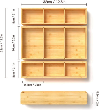 DUJEN Bamboo Drawer Organizer 12.5'' X 12.5'' X 2'', Adjustable 3 Individual Junk Drawer organizer for Bathroom and Kitchen, Wood Drawer Tea Organier Boxes for Silverware, Make up and Tea Bag