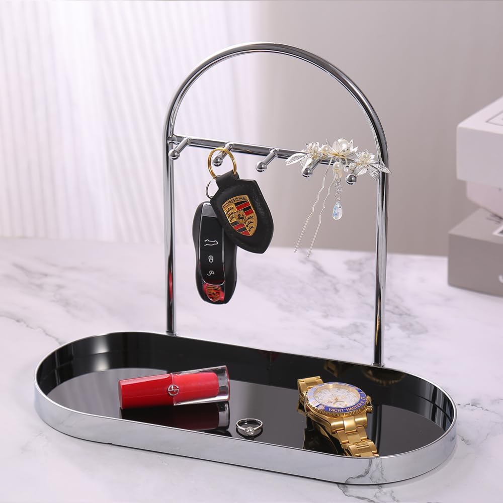 Shinpuru Metal Jewelry Organizer Stand & Key Holder Tray with Acrylic Base, Key Stand and Jewelry Tray with 5 Hooks, Perfect Key Bowl, Valet Key Tray, Ring Holder, Jewelry Dish (Silver Black)