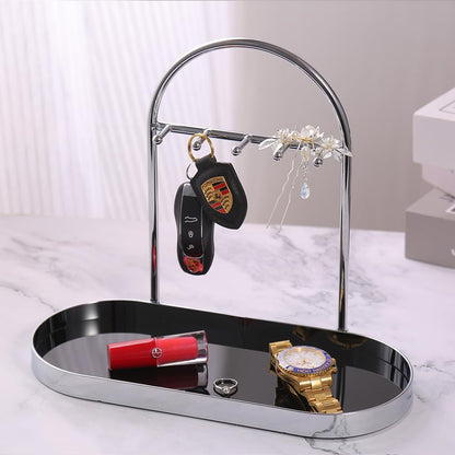 Shinpuru Metal Jewelry Organizer Stand & Key Holder Tray with Acrylic Base, Key Stand and Jewelry Tray with 5 Hooks, Perfect Key Bowl, Valet Key Tray, Ring Holder, Jewelry Dish (Silver Black)