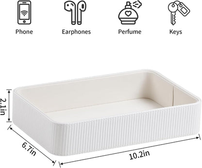 PU Leather Valet Tray Organizer, Modern Nightstand Organizer Bedside Desktop Storage for Womens and Men, Decorative Perfume Trinket Catchall Vanity Tray for Key Watch Wallet (Black)