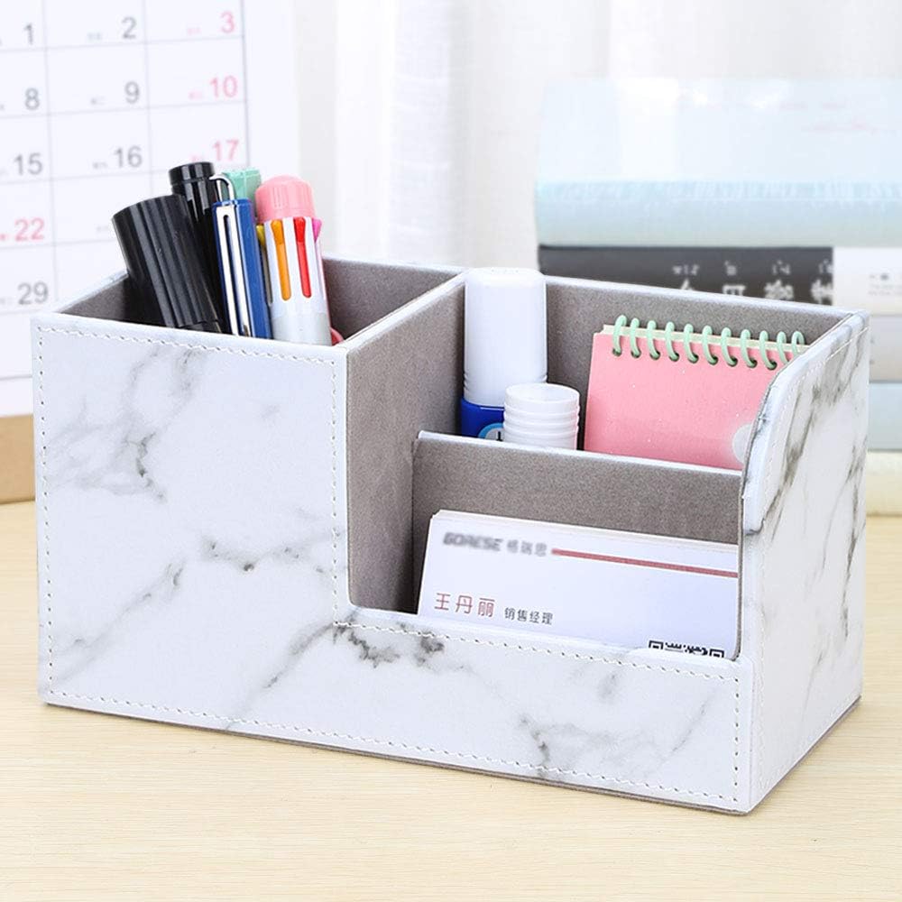 KINGFOM Desk Organizer Office Supplies Caddy Pu Leather Multi-function Storage Box Pen/Pencil,Cell phone, Business Name Cards Remote Control Holder with Small Drawer Black