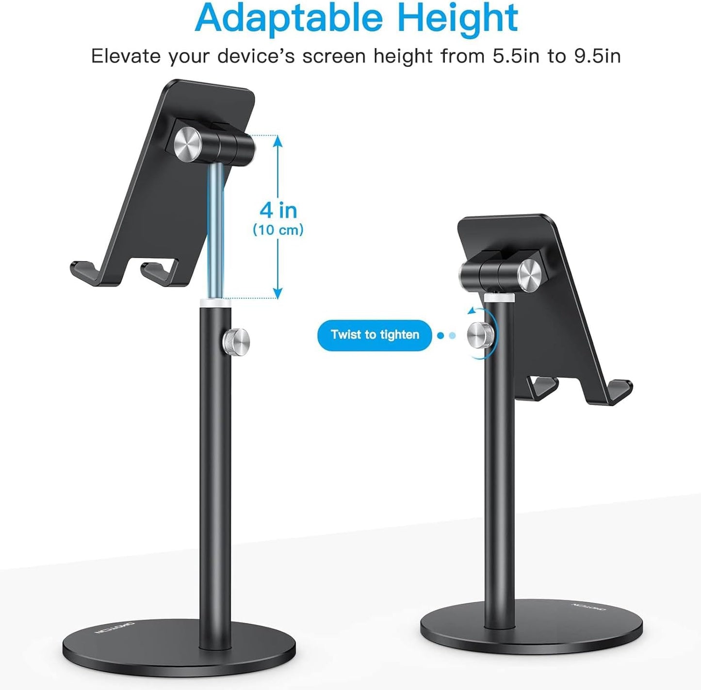 OMOTON Cell Phone Stand, Angle Height Adjustable Phone Holder, Aluminum Desktop Phone Dock for Desk, Compatible with iPhone 17 Pro Max, All Smartphones and Tablets(4-11''), Silver