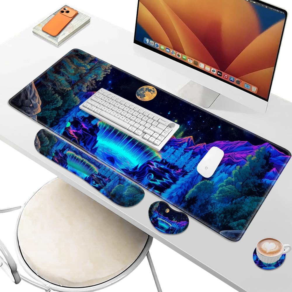 Desk Pad and Keyboard Wrist Rest, Large Mouse Pad + Keyboard Pad+Mouse Wrist Support, Non-Slip Desk Mat Protector for Office, Home 31.5×11.8 Inches Anime Dragon