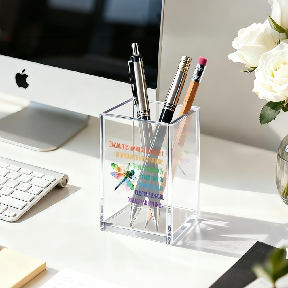 Just Breathe Acrylic Cosmetic Organizer Pen Holder, Anxiety Relaxing Acrylic Desk Holder Cup for Pen Pencil, Dandelion Desk Organizer, Mental Health Office Gifts for Coworker Leader Friend