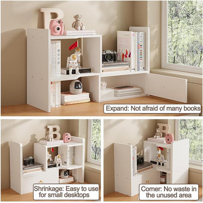 Expandable Wood Desktop Bookshelf, Freestyle Adjustable Wood Display Desk Shelf Counter Storage Rack Top Bookcase for Office & Home (White)